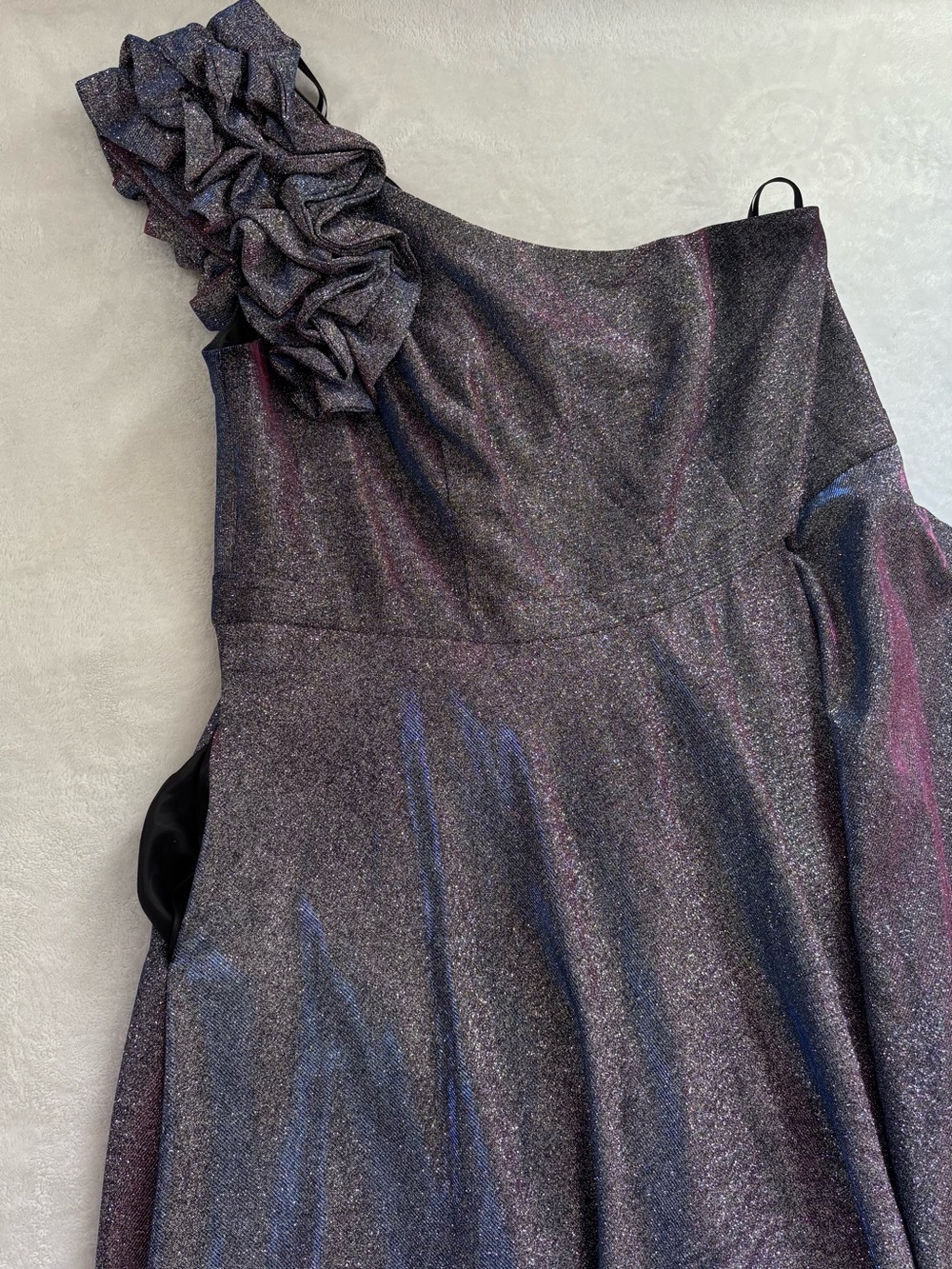 Xscape Girls One-Shoulder Sparkle Dress in Black with Pink & Blue Streaks - Picture 2 of 7